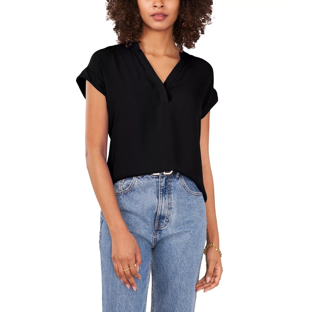 Vince Camuto Women's Mixed-Media Split-Neck Short-Sleeve Top Black‎ Size M